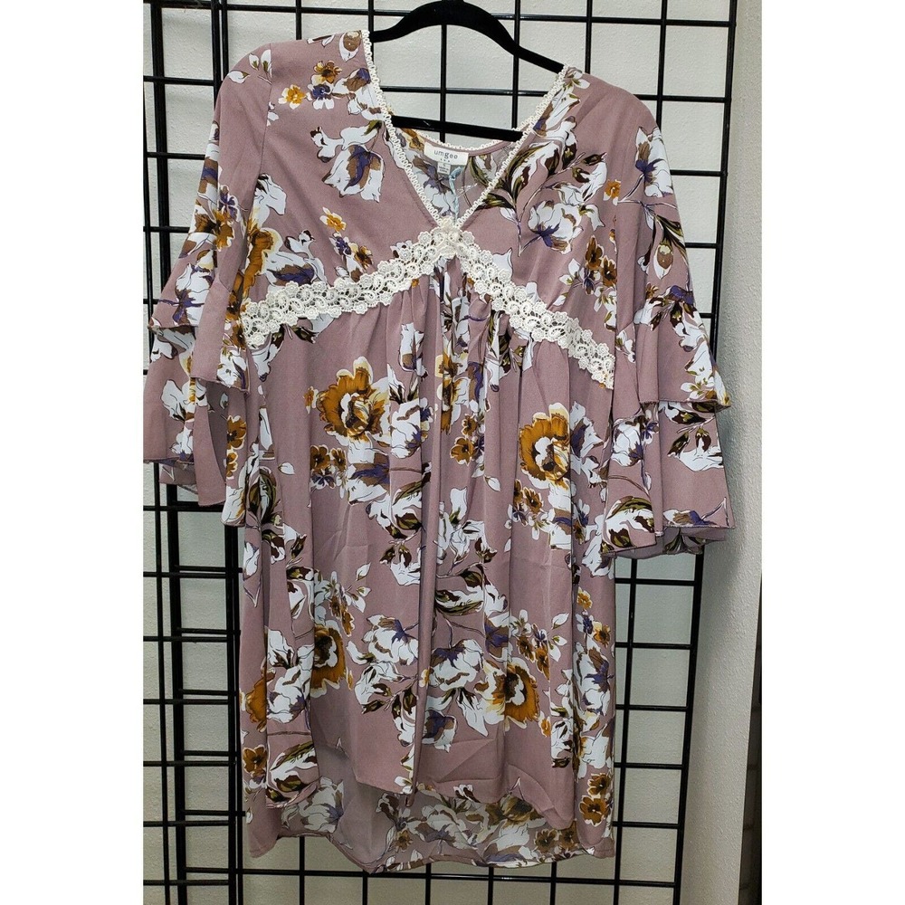 Umgee Womens Floral Print Layered Ruffle Sleeve V-Neck Dress - Mauve Mix NEW